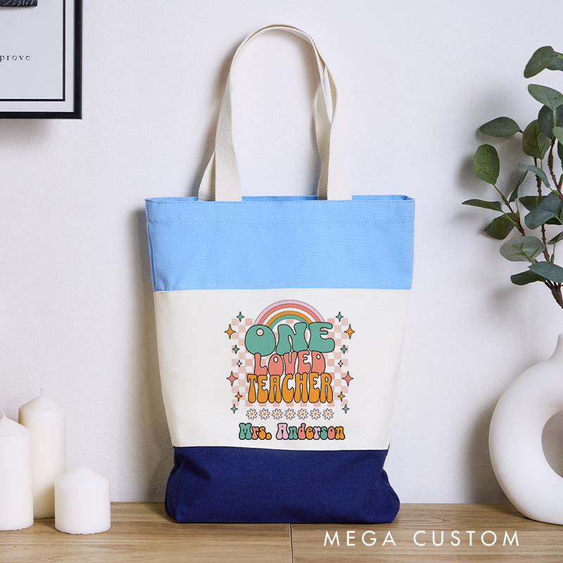Personalized Teacher Tri Color Canvas Tote Bag One Loved Teacher Appreciation Gift for Teachers