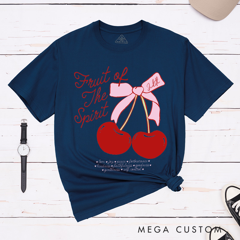 Personalized Fruit of the Spirit Cotton T-Shirt with Name Fun Doodle Cherry Bow Shirt Christian Bible Verse Unisex Classic T-Shirt Christian Gift