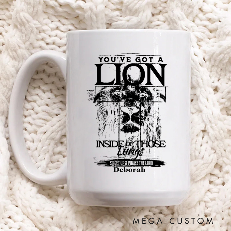 Personalized Lion Imagery Ceramic Mug with Name Birthday Religious Inspirational Gift for Christian Best Gift for Jesus Lover 