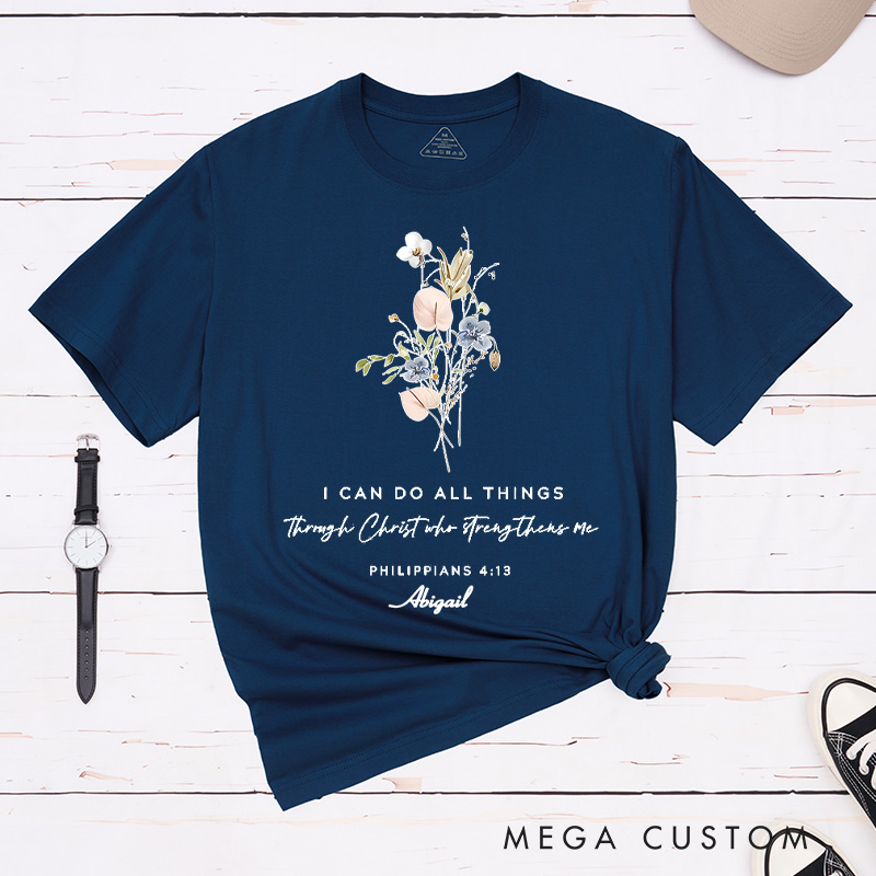 Personalized I Can Do All Things Classic Cotton T-Shirt with Name Bible Verse Blessed Shirt Religious Easter Gift Birthday Gift for Girls