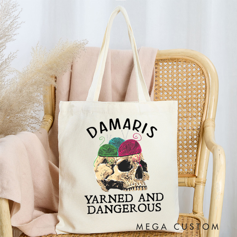 Personalized Yarned and Dangerous Tote Bag Skeleton Bag with Name Canvas Yarning Bag for Knitting Lover Gift Crocheting Lover Gift