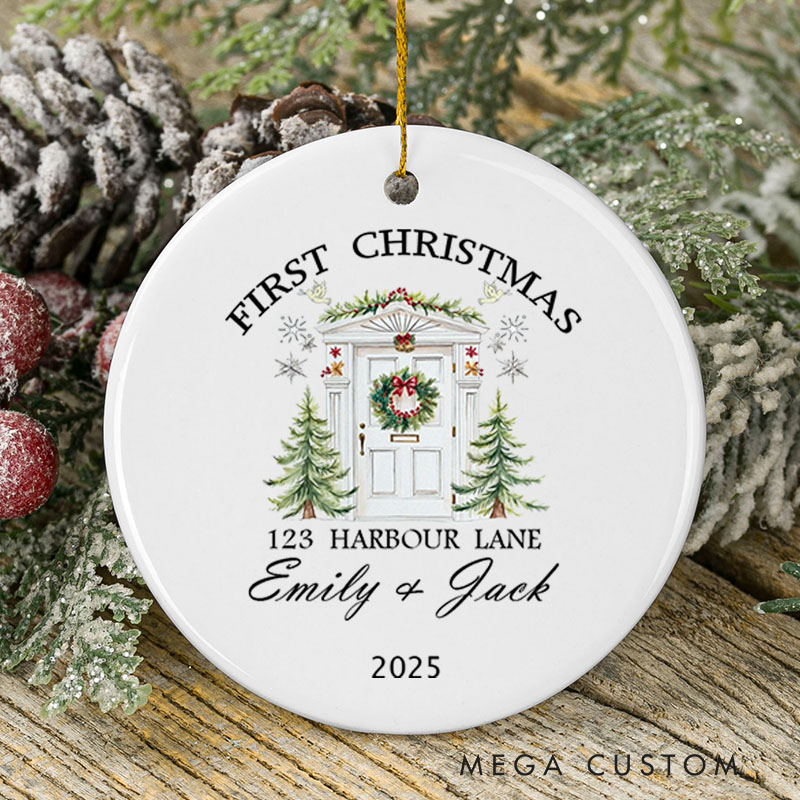 Personalized First Christmas Ceramic Ornament for New Home Personalized Address Names and Year Custom Housewarming Gift Holiday Decor Keepsake