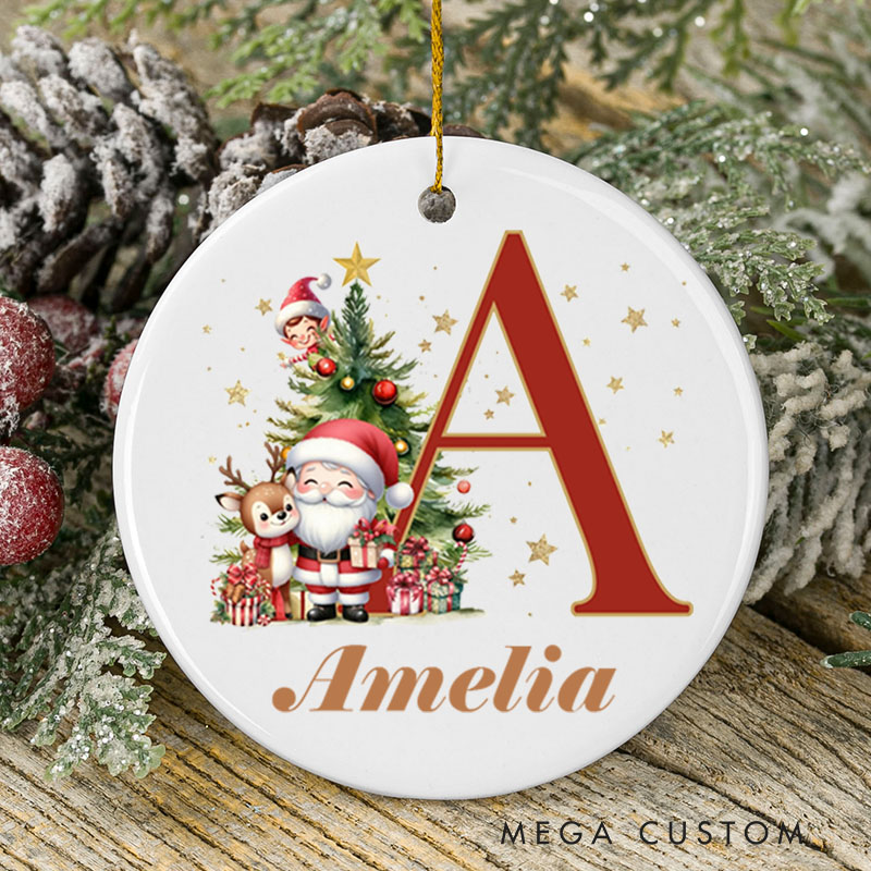 Personalized Christmas Ceramic Ornament for New Home Custom Name and Initial with Santa Design Perfect Housewarming Gift Holiday Decor