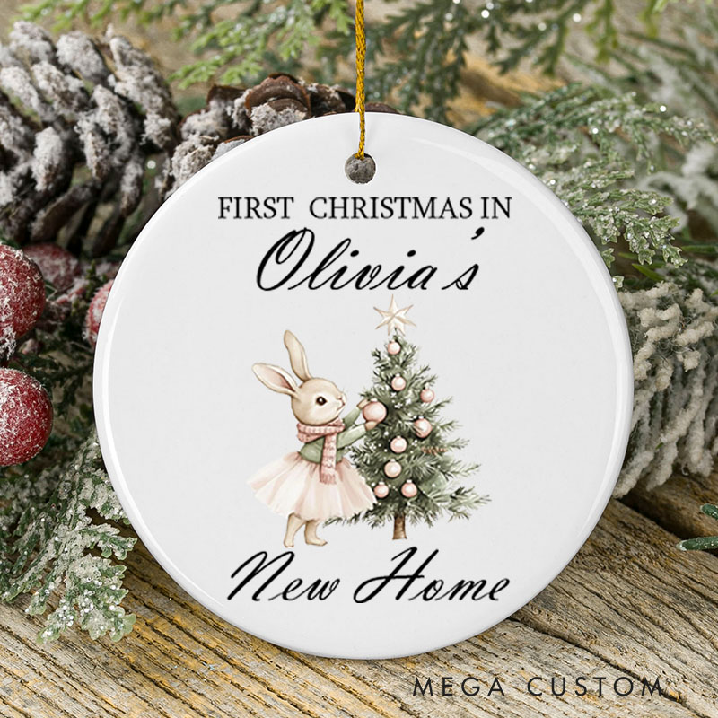 Personalized First Christmas in New Home Ceramic Ornament Personalized Name and Bunny Design Custom Housewarming Gift Holiday Decor Keepsake