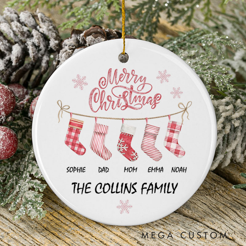 Personalized Merry Christmas Ceramic Ornament for New Home Custom Family Name and Stockings Design Perfect Housewarming Gift Holiday Decor