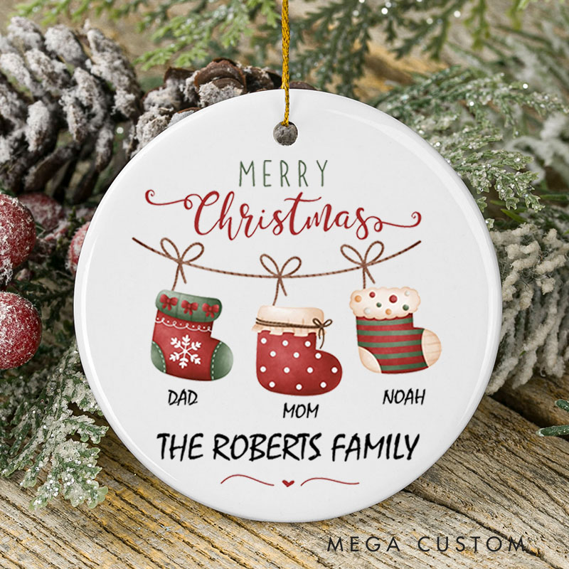 Personalized Merry Christmas Ceramic Ornament for New Home Custom Family Name and Stocking Design Housewarming Gift Holiday Keepsake