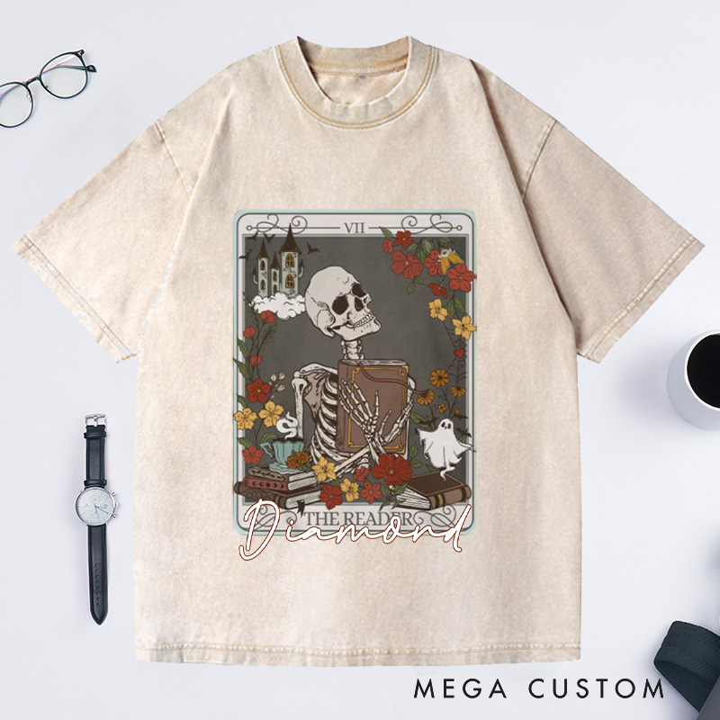Personalized the Reader Tarot Card Crewneck Washed T-Shirts Skeleton Shirt Book Lover Shirt Bookish Shirt Librarian Shirt Reading Shirt
