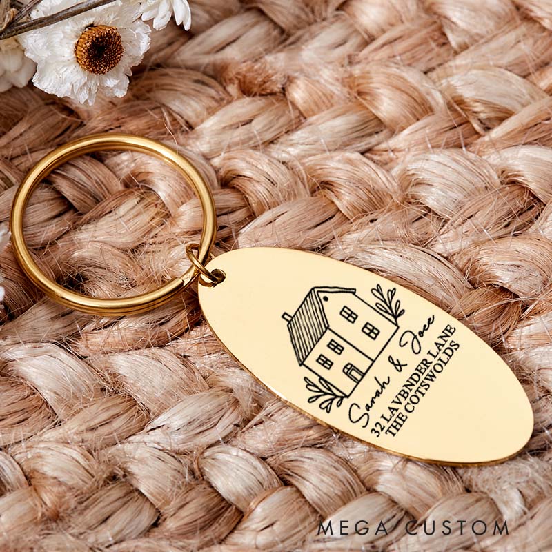 Personalized New Home Couples Keyring Housewarming Gift Engraved Keychain with Name and Adress Moving House Gift New Home Key Ring Gift for Homeowner