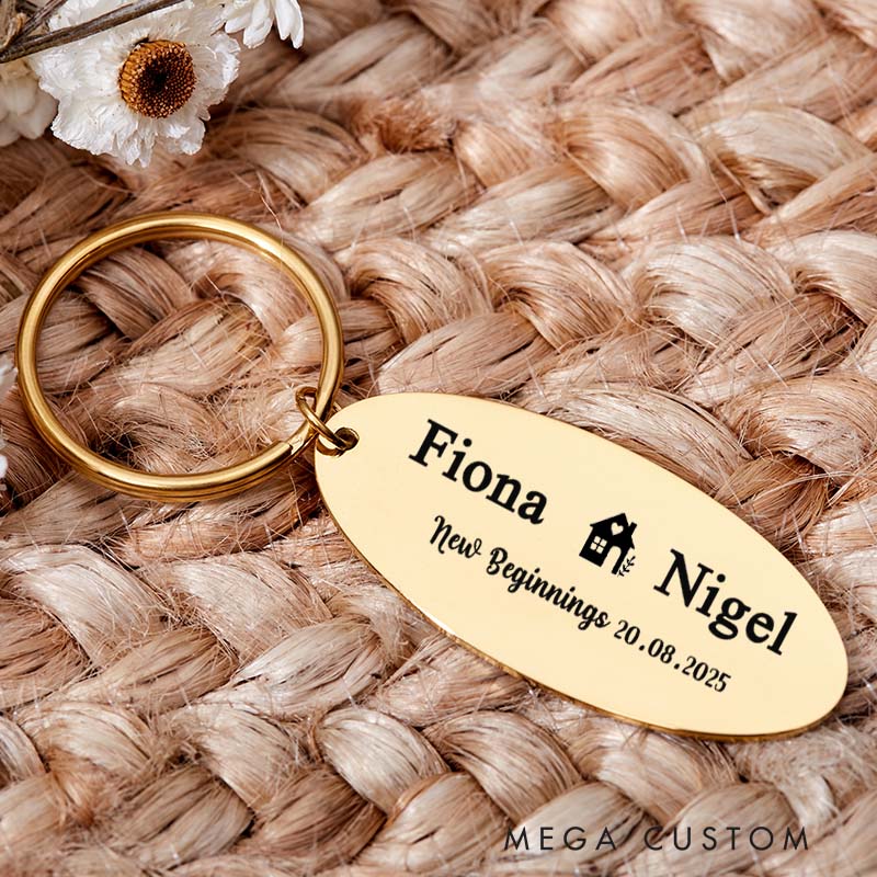 Personalized New Home Couples Keyring with Name Engraved New Home Keychain New Beginnings Gift Moving House Gift for Homeowner Housewarming Gift
