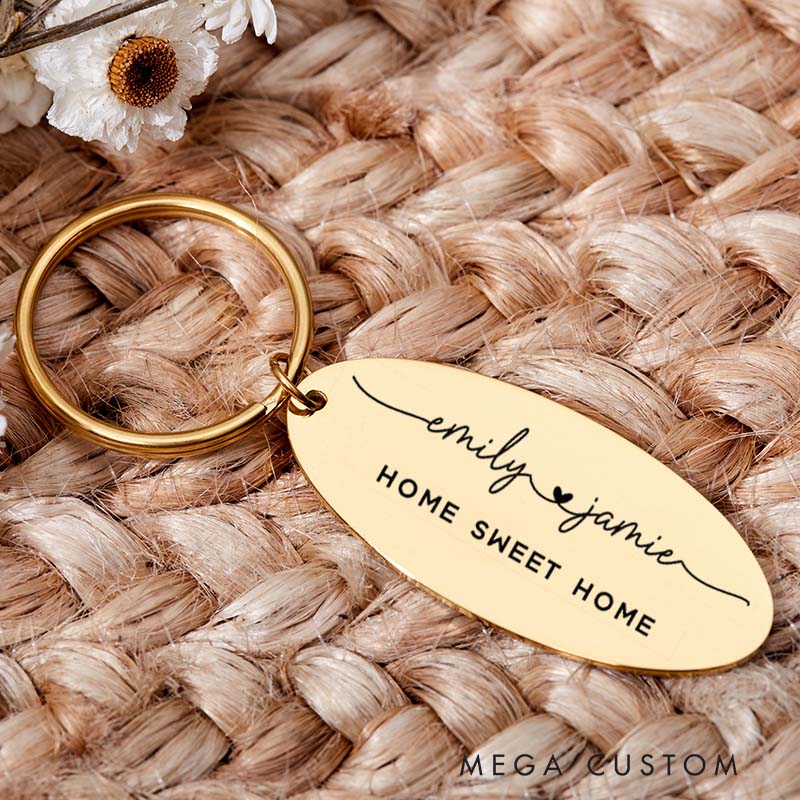 Personalized Home Sweet Home Couples Keyring with Names Engraved New Home Keychain Housewarming Gift Moving House Gift for Homeowner His and Hers