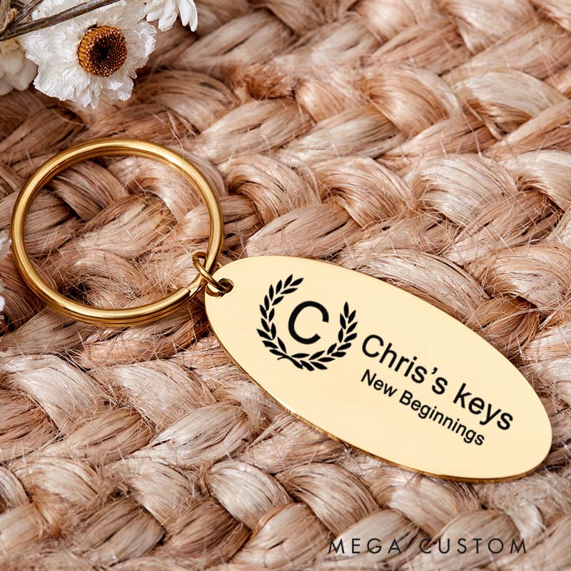 Personalized New Beginnings Keychain with Name Engraved House Warming Key Chain New Home Initial Keyring Moving House Gift for Homeowner First Home