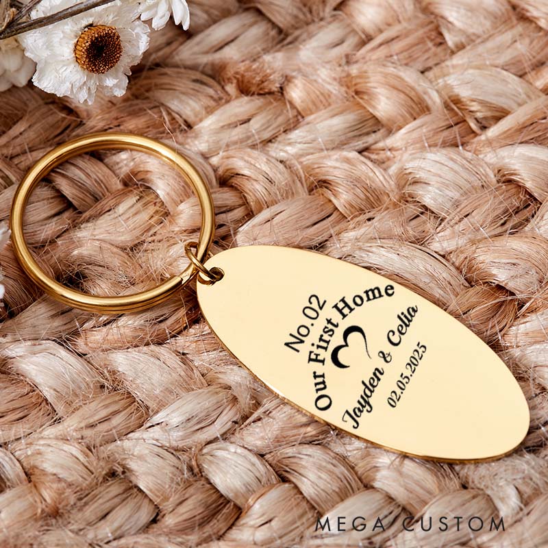 Personalized Our First Home Couples Keyring Engraved House Warming Keychain New Home Key Chain Moving Gift His and Hers Keyring Housewarming Gift