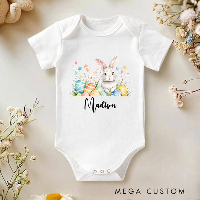Personalized Baby Onesie Easter Bunny with Colorful Eggs Baby Onesie