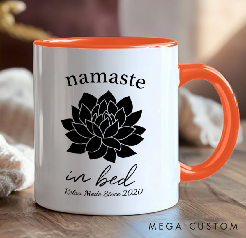 Personalized Namaste in Bed Mug with Elegant Lotus Design Custom Name Perfect Gift for Yoga Lover