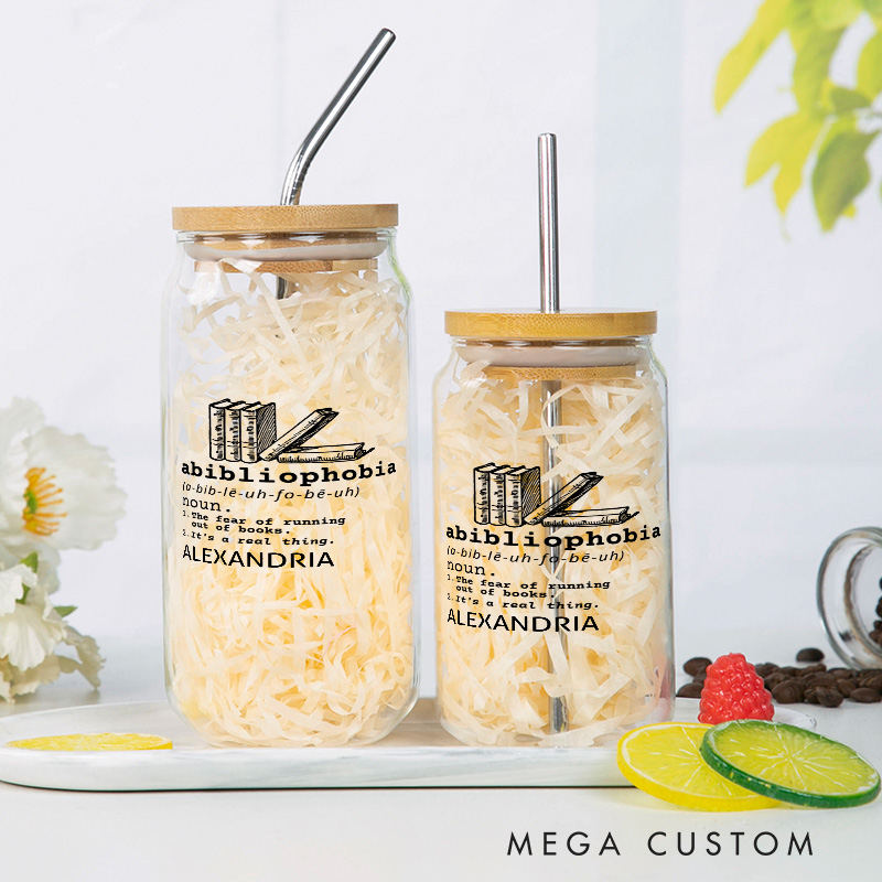 Personalized Abibliophobia Water Glasses with Straw Book Lover Water Glass with Name Water Glass with Lid Bookish Gift Book Lover Gift