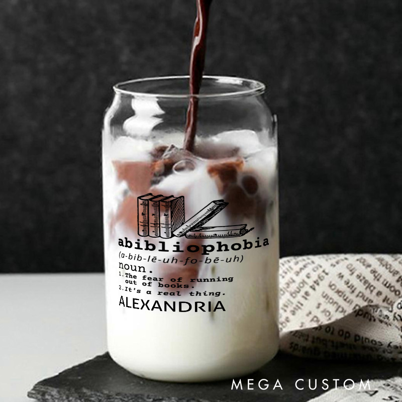 Personalized Abibliophobia Water Glasses Book Lover Glass Iced Coffee Tumbler Reader Glass Bookish Glass Bookworm Glass