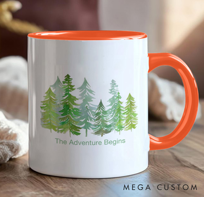 Personalized the Adventure Begins Mug Forest Camping Rustic Mountain Mug Gift for Travel Hiking Outdoors Lovers
