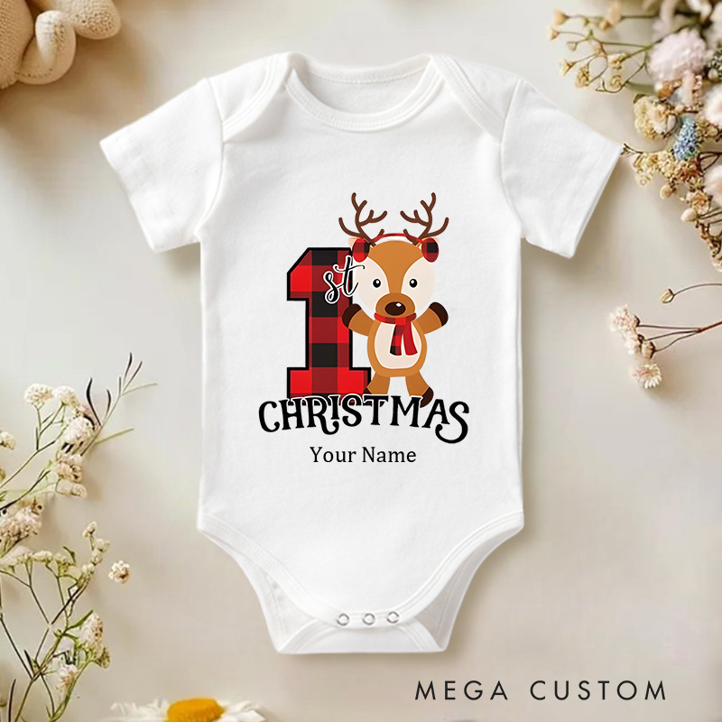 Personalized Baby's 1st Christmas Adorable Reindeer and Plaid Baby Onesie