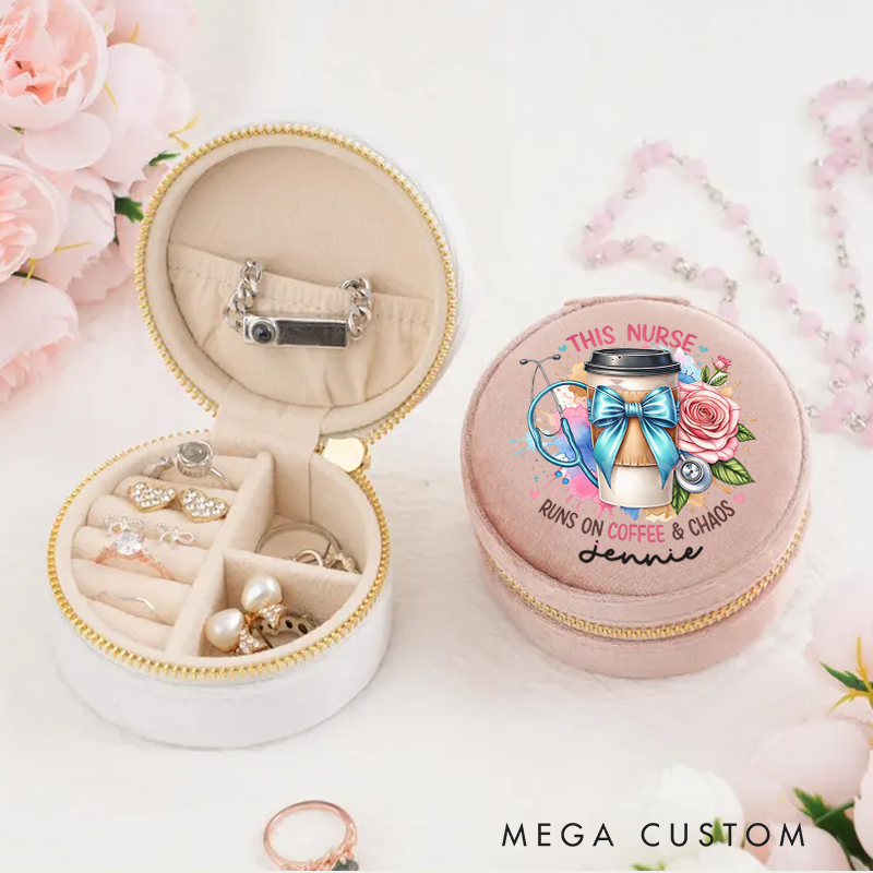 Personalized Velvet Jewelry Box for Nurse This Nurse Runs on Coffee Chaos Round Jewelry Box Gift Nurse Appreciation Gift