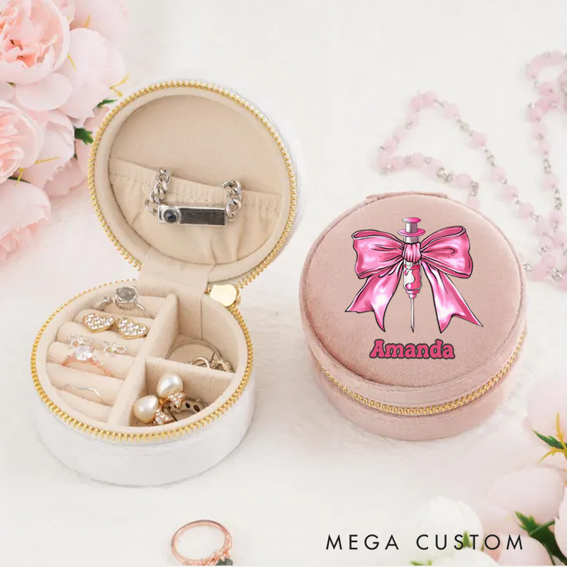 Personalized Velvet Jewelry Box for Nurse a Pink Bow Wrapped Around a Syringe Round Jewelry Box Gift Nurse Appreciation Gift