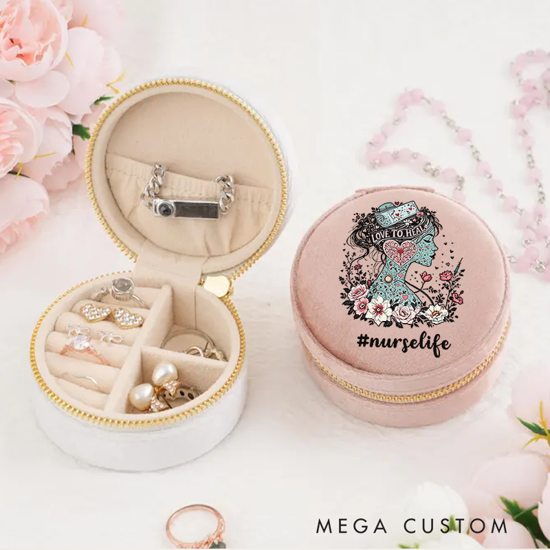Personalized Velvet Jewelry Box for Nurse Love to Heal Round Jewelry Box Gift Nurse Appreciation Gift