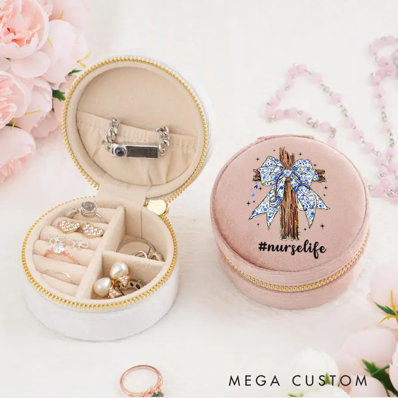 Personalized Velvet Jewelry Box for Nurse Wooden Cross Adorned with a Blue Ribbon Tied Round Jewelry Box Gift Nurse Appreciation Gift