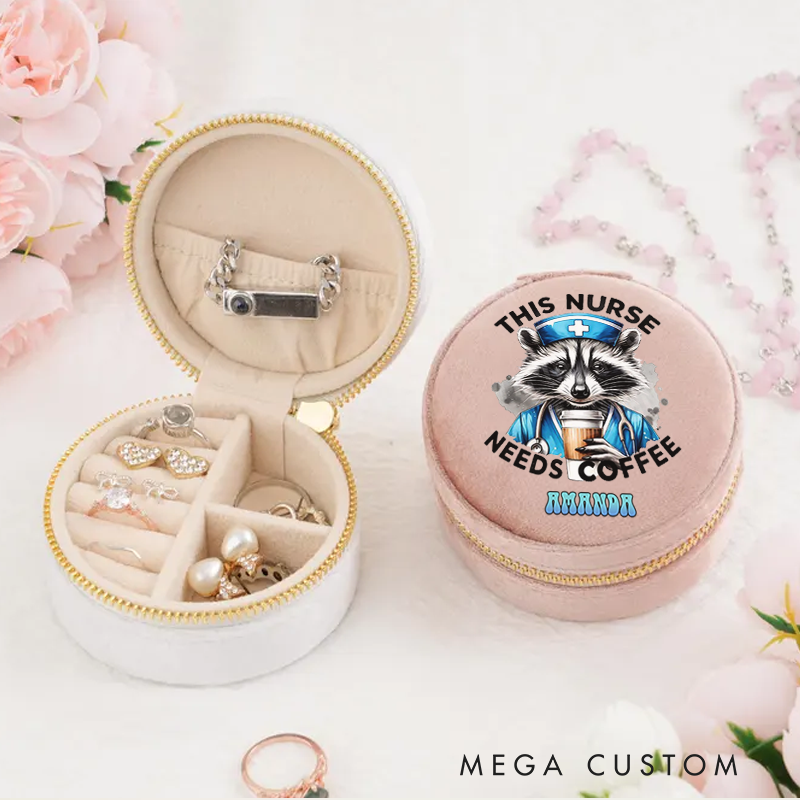 Personalized Velvet Jewelry Box for Nurse Raccoon Dressed as a Nurse Round Jewelry Box Gift Nurse Appreciation Gift