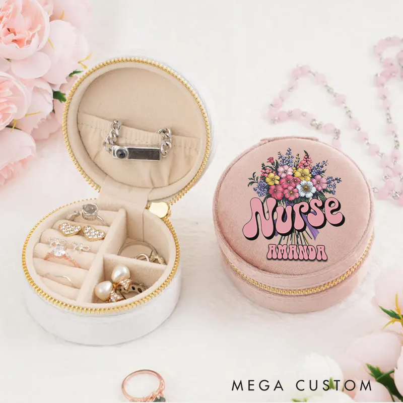 Personalized Velvet Jewelry Box for Nurse a Vibrant Bouquet of Colorful Flowers Round Jewelry Box Gift Nurse Appreciation Gift