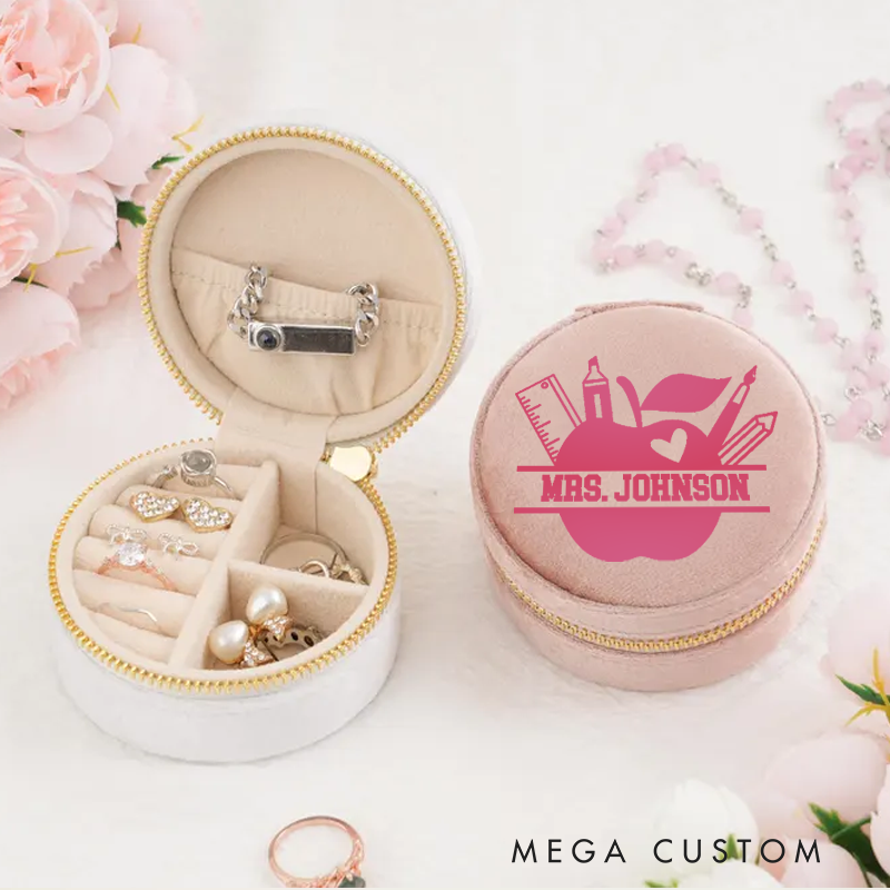 Personalized Velvet Jewelry Box for Teacher Red Apple Ruler and Pencil Round Jewelry Box Gift Teacher Appreciation Gift