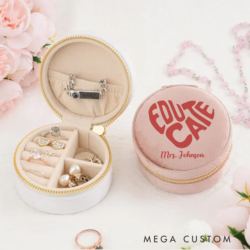 Personalized Velvet Jewelry Box for Teacher Educate Heart Shape Round Jewelry Box Gift Teacher Appreciation Gift