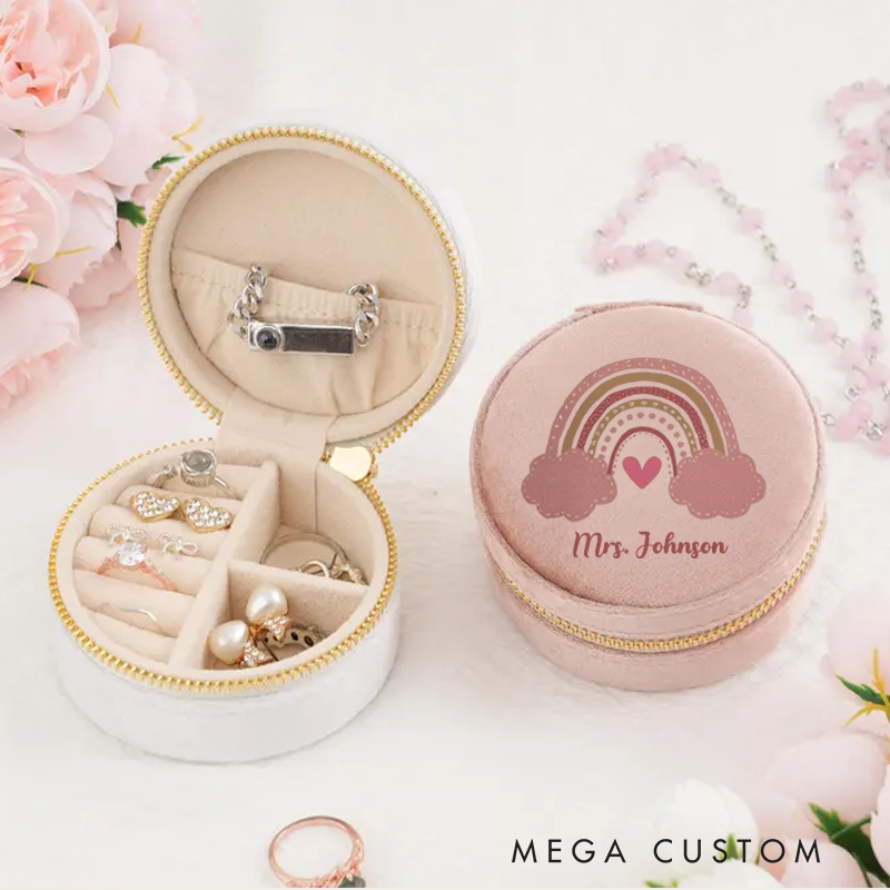 Personalized Velvet Jewelry Box for Teacher Clouds and a Heart Round Jewelry Box Gift Teacher Appreciation Gift