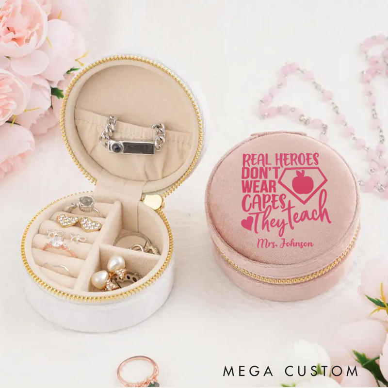 Personalized Velvet Jewelry Box for Teacher Real Heroes Don't Wear Capes They Teach Round Jewelry Box Gift Teacher Appreciation Gift