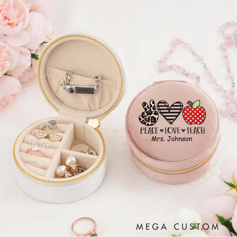 Personalized Velvet Jewelry Box for Teacher Peace Love Teach Round Jewelry Box Gift Teacher Appreciation Gift