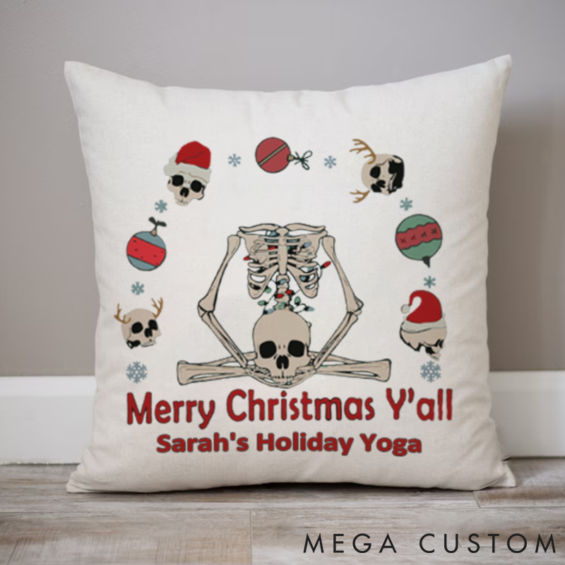 Personalized Merry Christmas Yoga Pillows with Skeleton Meditation Design Custom Name Yoga Pillows Gift Idea for Yoga Lover and Christmas Decor