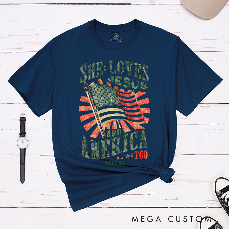 Personalized She Loves Jesus and America Too Cotton T-Shirt with Name Christian Classic T-Shirt Jesus Aesthetic Shirt Patriotic Tee Christian Gift