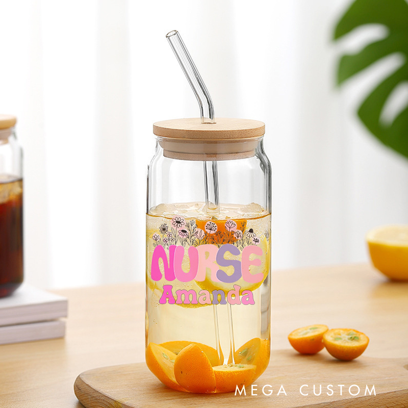 Personalized Nurse Tumbler with Lid and Straw Nurse Arrangement of Hand Drawn Flowers Custom Glass Coffee Cup Nurse Appreciation Gift