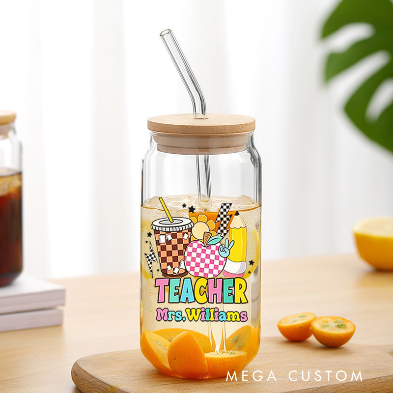 Personalized Teacher Tumbler with Lid and Straw Colorful and Playful Decorative Custom Glass Coffee Cup Teacher Appreciation Gift