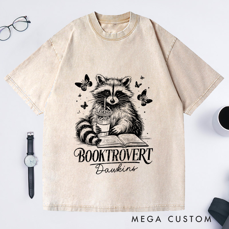 Personalized Booktrovert Washed T-Shirts Funny Book Lover Reading Raccoon Trendy Bookish Book Lover Gift 