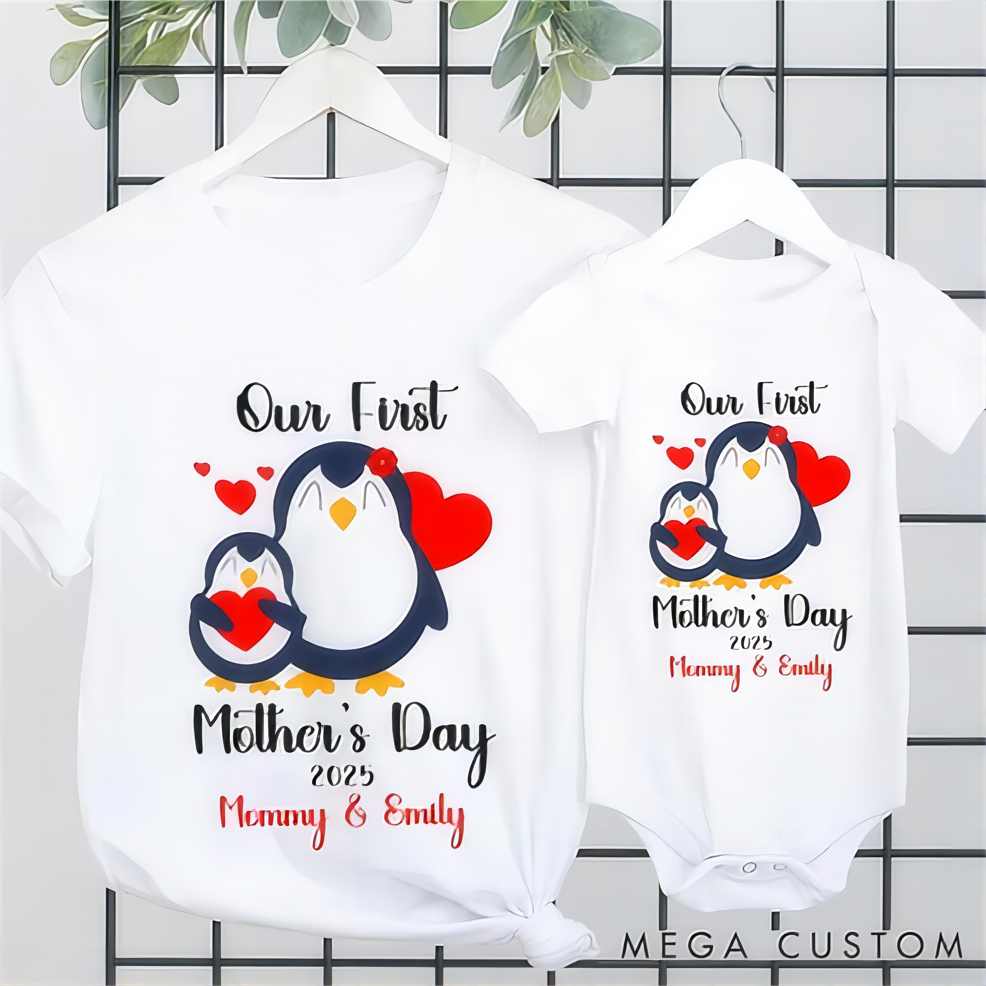 Personalized Our First Mother's Day Penguin Mommy and Me Matching Outfit
