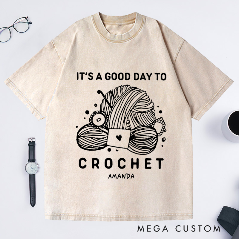 Personalized Good Day to Crochet Washed T-Shirts Funny Knit Shirt Knit Talking Yarn Shirt Knit Gift