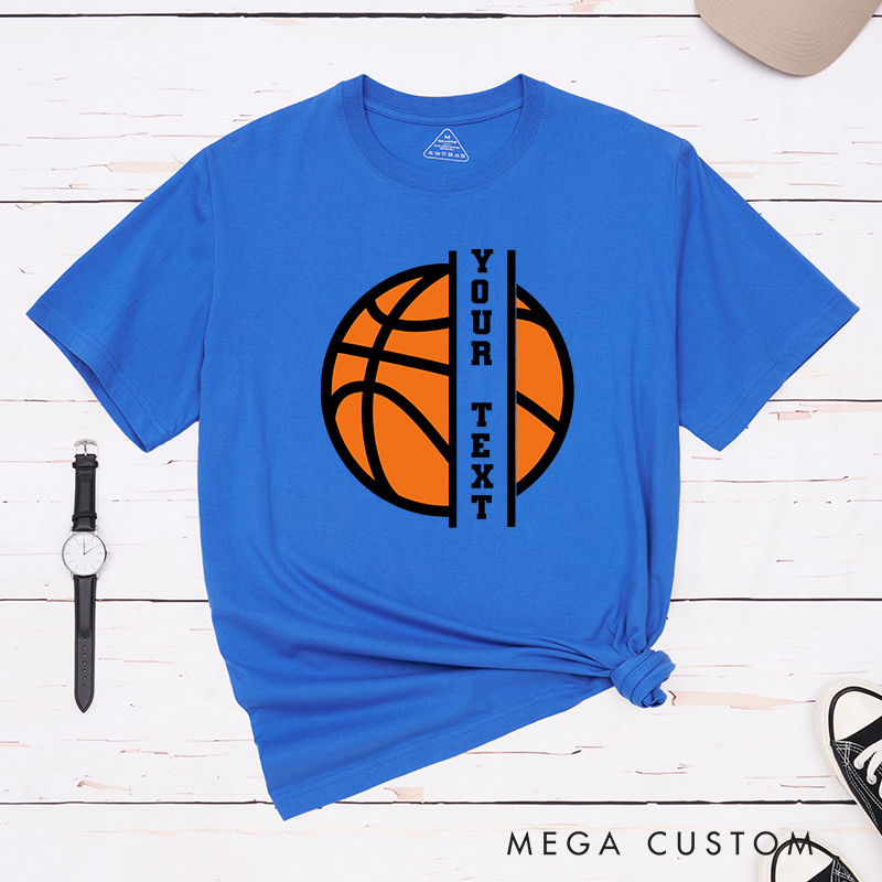 Personalized Basketball T-Shirt Design Featuring Custom Vertical Text Centered Over a Bold Orange Basketball Graphic