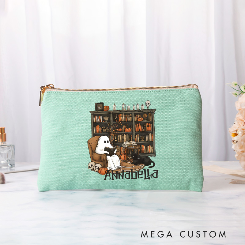 Personalized Retro Ghost Reading Books Cosmetic & Toiletry Storage Book Lover Cosmetic Bag Makeup Bag with Name Halloween Gift Librarian Gift Reading Gift
