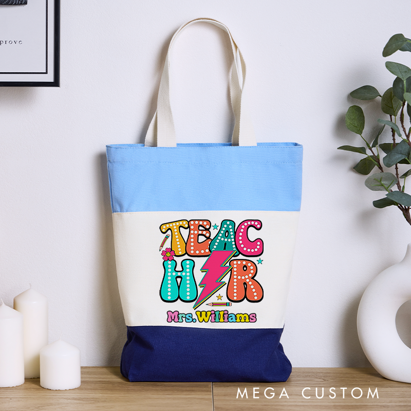 Personalized Teacher Tri Color Canvas Tote Bag Teacher in Large Bold and Colorful Design Appreciation Gift for Teachers