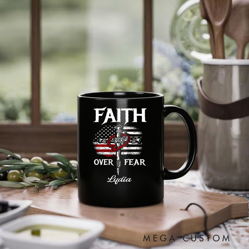 Personalized Faith over Fear American Flag Ceramic Mug with Name Birthday Gift for Christian Positive Affirmation Religious Gift for Christian