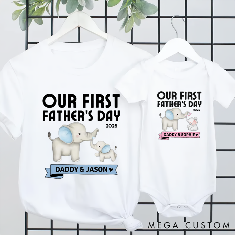 Personalized Our First Father's Day Dad and Baby Elephant Matching Outfit