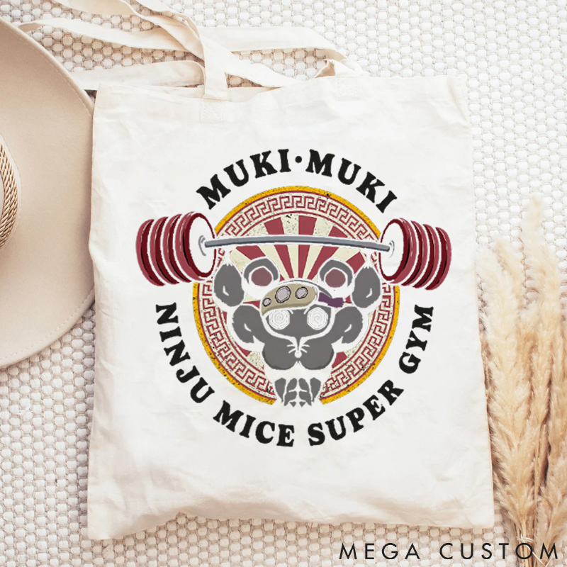 Personalized Gym Tote Bag with Muki Muki Mice Weightlifting Theme for Fitness Enthusiasts Bodybuilders and Gym Lovers