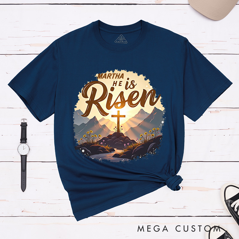 Personalized He is Risen Glory Classic T-Shirt with Name Radiant Resurrection Cross in Mountain Christian Cotton T-Shirt Christian Gift Easter Gift 