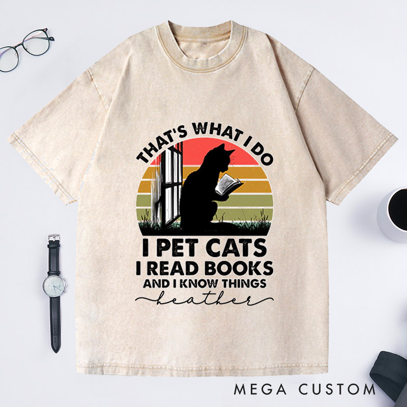 Personalized Cat and Book Washed T-Shirts Book Lover Shirt Cat Book Shirt Cat Lover Shirt Reading Shirts Bookworm Gifts