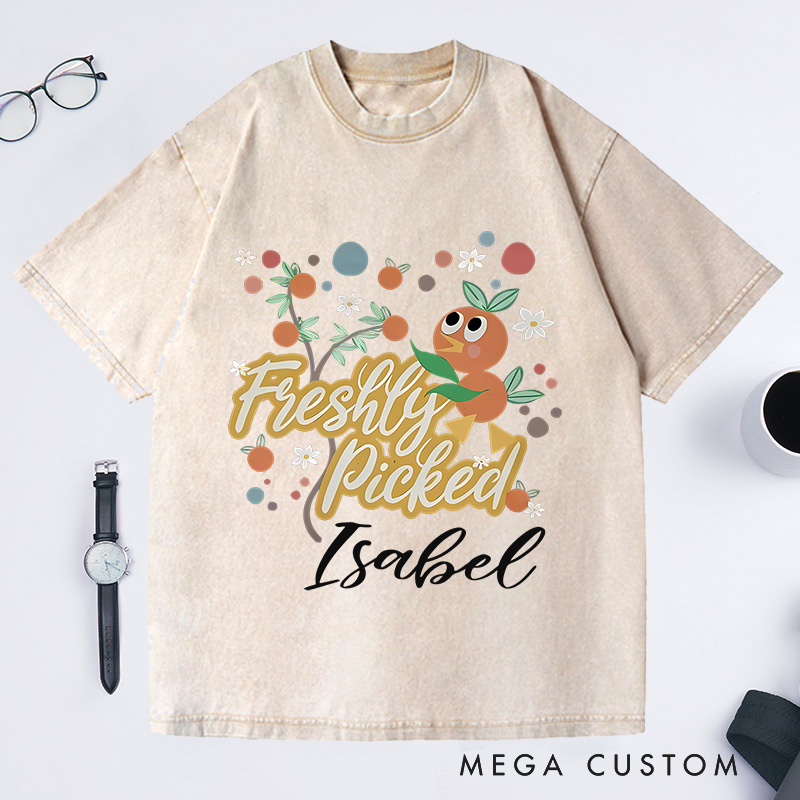 Personalized Orange Bird Washed T-Shirts Freshly Picked Oranges for Flower and Garden