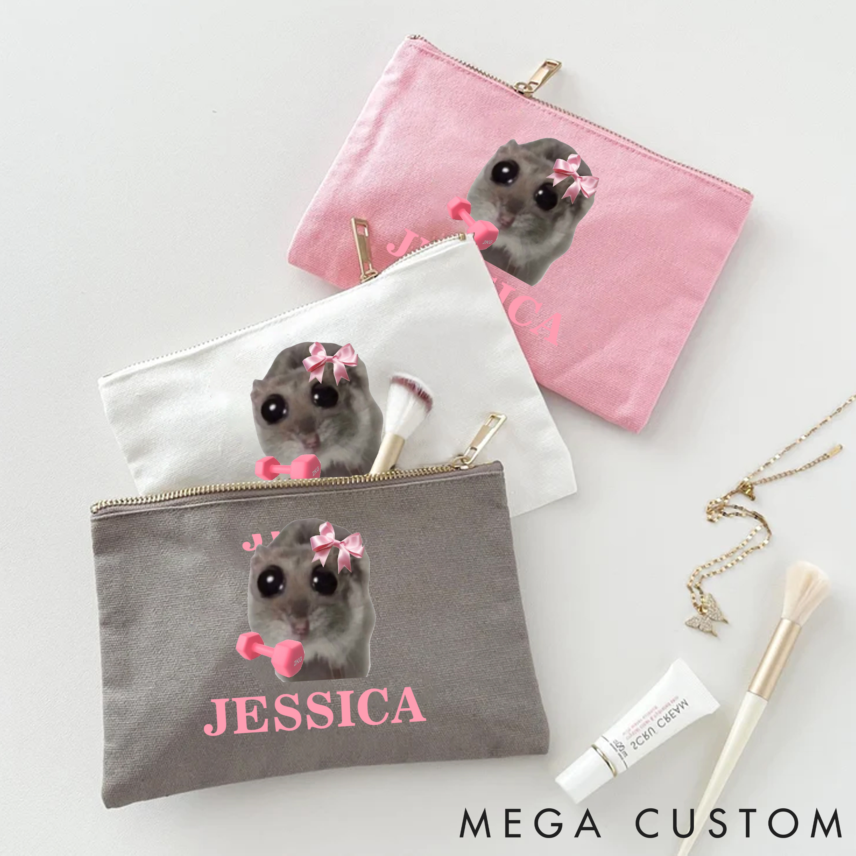 Personalized Adorable Makeup Bag with Cute Hamster with Bow for Fitness Enthusiasts Bodybuilders and Gym Lovers